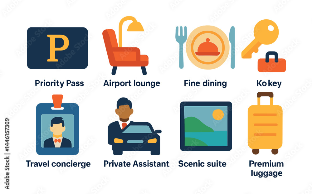 Flat vector icons of luxury travel elements: priority pass icon, airport lounge chair, fine dining plate, exclusive hotel key, travel concierge badge, private transfer icon, scenic suite view, Flat vector icons of luxury travel elements: priority pass icon, airport lounge chair, fine dining plate, exclusive hotel key, travel concierge badge, private transfer icon, scenic suite view,
