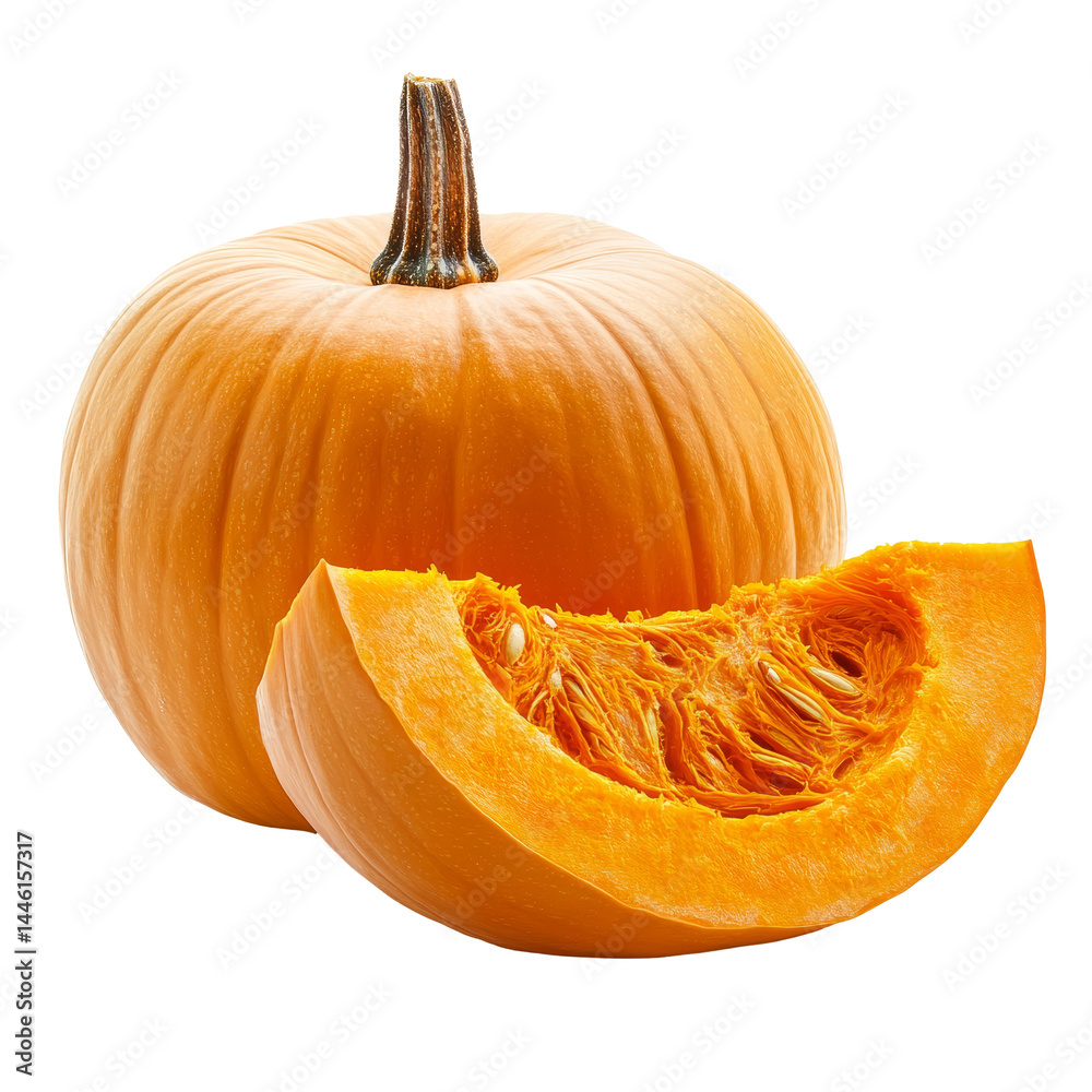Sliced pumpkin displayed on a transparent background showcasing its bright orange interior and rich texture, Sliced pumpkin isolated on transparent background Sliced pumpkin displayed on a transparent background showcasing its bright orange interior and rich texture, Sliced pumpkin isolated on transparent background