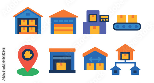 Flat vector icons of delivery infrastructure and hubs: fulfillment center icon, distribution warehouse, package sorting machine, conveyor line, regional hub map pin, loading bay door, cross-docking