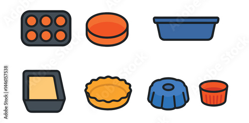 Flat vector icons of baking trays and pans: muffin tin, cake pan round, pie dish icon, loaf pan, baking sheet with parchment, tart pan with fluted edges, bundt pan, ramekin dish.
