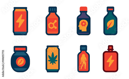 Flat vector icons of energy and functional drinks: energy drink can, taurine-rich formula, mental focus shot, adaptogen tonic, caffeine booster icon, CBD sparkling drink, ginseng root beverage,