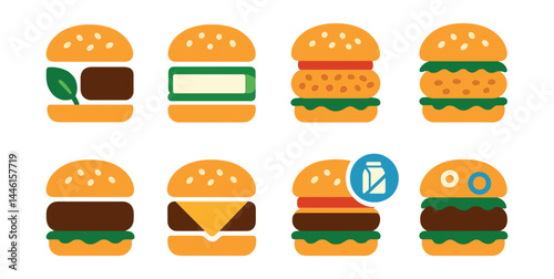 Flat vector icons of vegan and special diet burgers: plant-based patty icon, tofu burger, lentil patty burger, chickpea smash burger, black bean burger, keto burger with cheese, dairy-free vegan