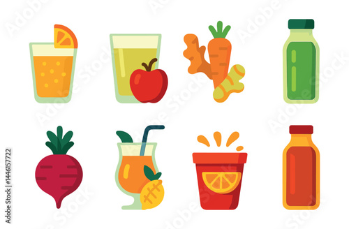 Flat vector icons of fresh juices: orange juice with pulp, apple juice glass, carrot ginger blend, green juice in bottle, beetroot juice icon, tropical mix with straw, citrus splash cup, cold-pressed