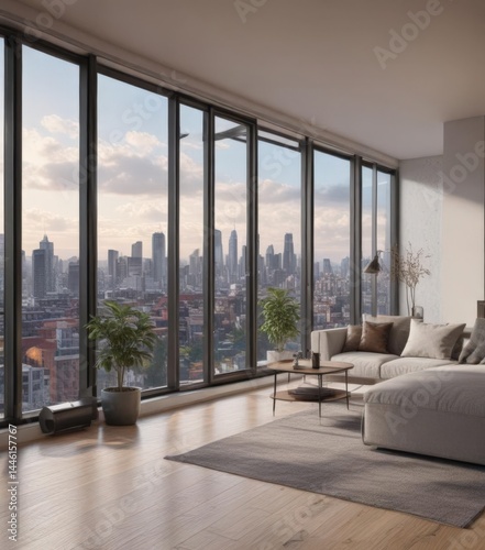 Sleek modern apartment, panoramic city vista from large window ,  real estate,  reflection,  luxury