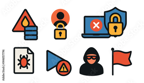 Flat vector icons of security breach scenarios: data leak warning, compromised account icon, unauthorized login alert, security lockdown mode, breach report file, media breach icon, hacker intrusion