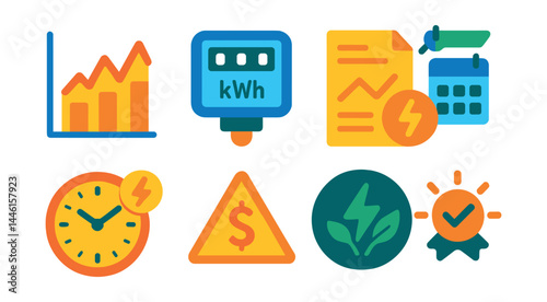 Flat vector icons of power monitoring and planning: energy usage graph, kWh meter icon, power bill chart, monthly energy goal, time-of-use schedule, electricity cost alert, green power hours, load