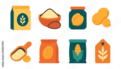 Flat vector icons of gluten-free flour types: rice flour packet, almond flour bowl, coconut flour jar, chickpea flour icon, sorghum flour scoop, potato starch bag, corn flour container, arrowroot