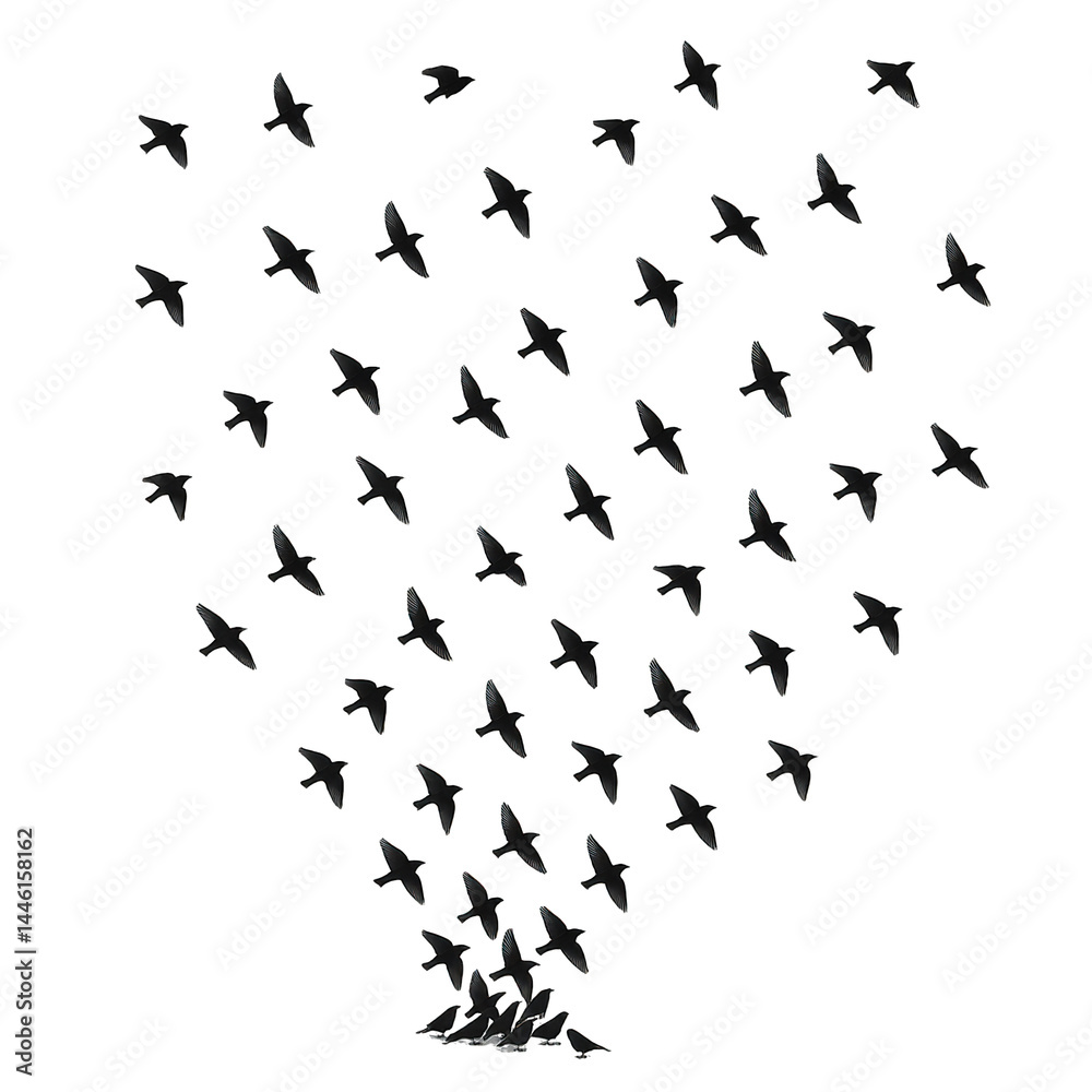 A dynamic swarm of black birds flies and rests, forming a unique and graphically powerful composition. A dynamic swarm of black birds flies and rests, forming a unique and graphically powerful composition.