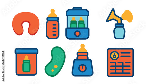 Flat vector icons of newborn feeding tools: nursing pillow icon, baby bottle with ounces, sterilizer machine, breast pump symbol, formula container, burp cloth icon, bottle warmer, feeding log sheet.