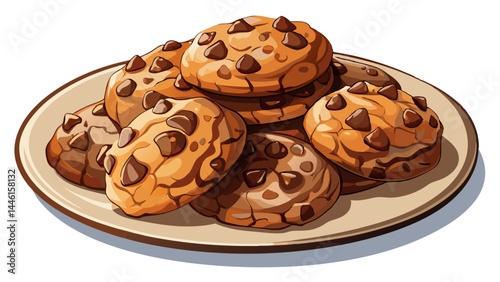 Freshly baked cookies, warm and full of gooey chocolate.
Neatly arranged on a white plate with soft shadows.
A comforting and delicious visual for digital art.
Isolated cleanly, ready for vector appli