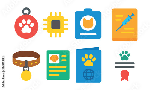 Flat vector icons of pet identification and records: pet ID tag, microchip icon, vet card badge, vaccination log, pet passport, collar with address tag, photo ID chart, registration certificate.