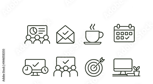 Line style icons of professional routines: morning brief, inbox zero, coffee break, calendar review, end-of-day wrap, weekly standup, success tracker, desk clean.