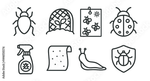 Line style icons of garden pests and protection: aphid icon, netting icon, bug trap, ladybug friend, pest spray, barrier cloth, slug icon, pest patrol.