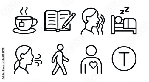 Line style icons of parent self-care: cup of tea, journal time, support call, early sleep, breath icon, walk alone, personal moment, timeout symbol.