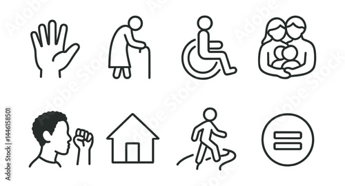 Line style icons of inclusive support: child hand, elderly icon, disability aid, family care, minority support, housing icon, access path, equality sign.