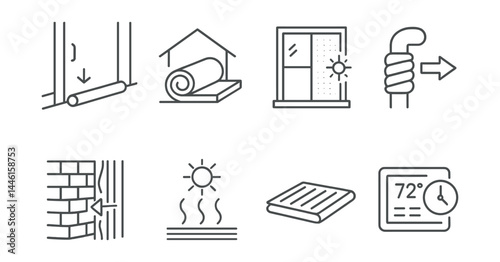 Line style icons of thermal efficiency: draft stopper, attic pad, window film, pipe wrap, wall seal icon, heat zone, floor mat, thermostat routine.