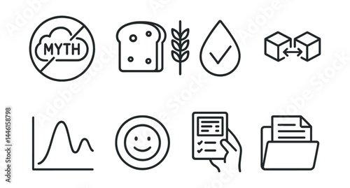 Line style icons of keto myths vs facts: myth bust icon, carb fear, fat truth, sugar swap, energy curve, keto flu tracker, label misread, fact file.