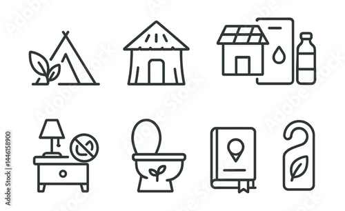 Line style icons of sustainable lodging: tent with leaves, eco-lodge hut, solar panel roof, refill station icon, no-plastic bed table, compost toilet, local guidebook, green guest sign.