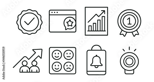 Line style icons of visual efficiency tools: sticker badge, icon window cling, energy chart poster, gamified points icon, family goal arrow, emoji usage board, wall reminder tab, zone light ring.