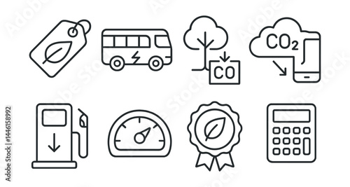 Line style icons of carbon reduction: offset tag, green transport, tree offset, CO2 tracker, fuel switch, green meter, low-impact badge, calculator icon.
