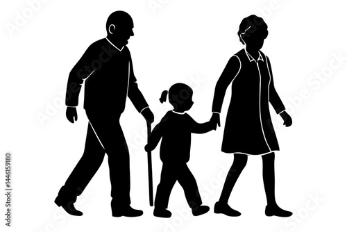 Silhouette of three people two elderly adults walking together minimalist design, silhouette, people, walking, together, elderly, adults, family, minimalist, design, vector, illustration, black