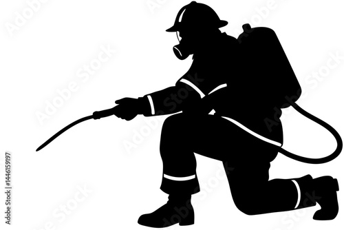 Silhouette of firefighter kneeling wearing helmet illustration design heroism dedication, firefighter, kneeling, helmet, silhouette, vector, fireman, rescue, emergency, uniform, hero, dedication
