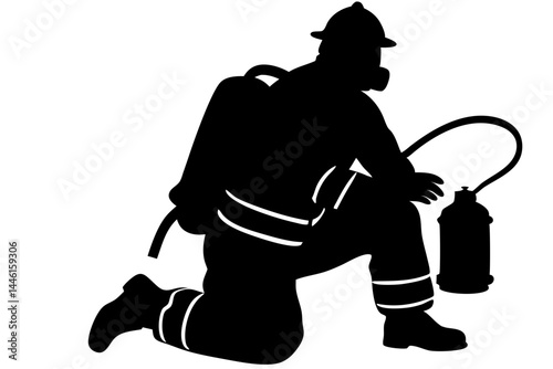 Firefighter silhouette in full gear including oxygen mask on png background, firefighter, silhouette, fireman, emergency, rescue, helmet, oxygen, mask, gear, uniform, protection, professional, hero