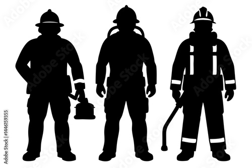 Silhouette of three firefighters in full gear standing together on white background, firefighter, firemen, silhouette, fireman, fire, standing, emergency, uniform, helmet, safety, rescue, equipment