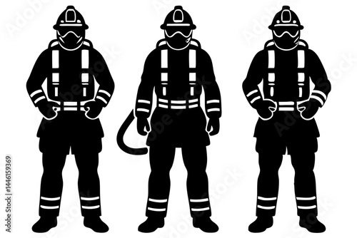 Silhouette of three firefighters in full gear ready for action vector design, firefighter, firemen, emergency, fireman silhouette, firefighter silhouette, emergency service, rescue, safety, fireman