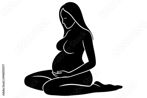 Pregnant woman silhouette with long hair sitting cross legged on white background, pregnant, woman, silhouette, pregnancy, expecting, motherhood, sitting, cross legged, long hair, vector, maternity