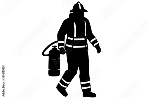 Firefighter walking silhouette wearing helmet with full firefighter equipment vector design, firefighter, walking, silhouette, helmet, fireman, fire, rescue, emergency, hero, safety, equipment