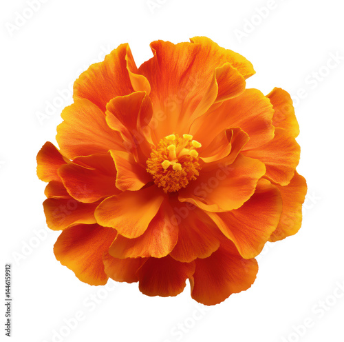 A Bright and Vibrant Orange Marigold Flower Featuring Intricate Petal Patterns and a Golden Yellow Center, Isolated on Transparent and White Background