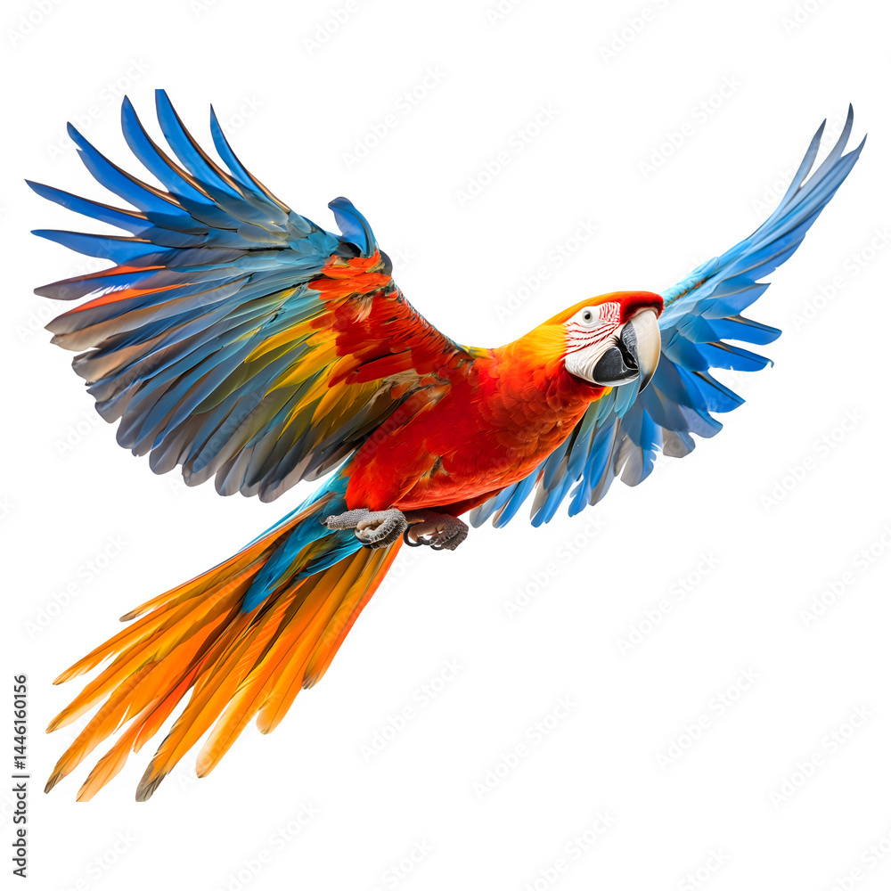 Obraz premium Colorful flying macaw bird isolated on no background, Generative AI image.
