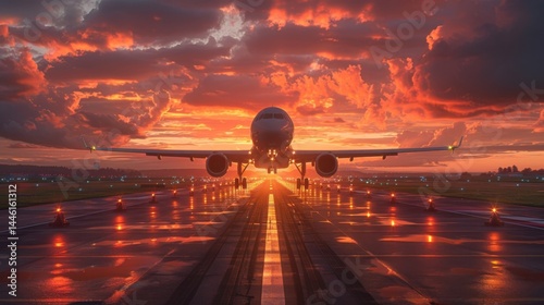 Airplane taking off at sunrise, seen head-on from the runway with dramatic sky and glowing runway lights. photo