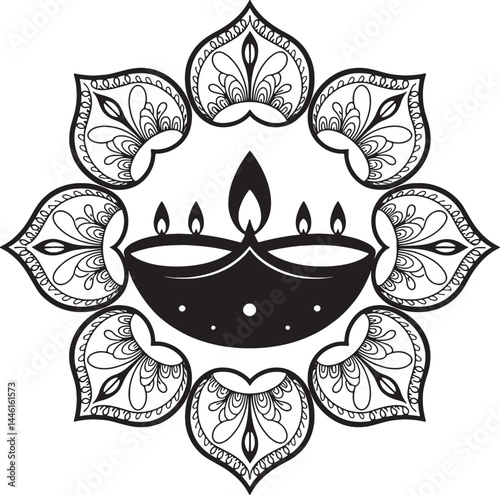 Elegant Black and White Diya Vector for Diwali and Indian Festivals
