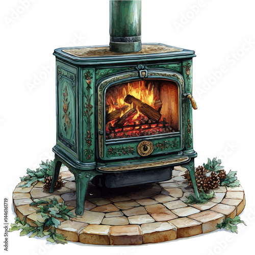 Traditional Wood-burning Stove, vector watercolor illustration, isolated on a white background.