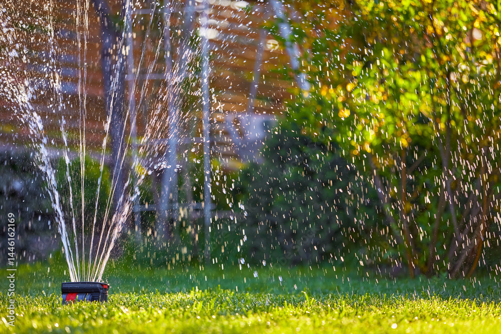 Sprinkler watering the green lawn in the home garden in the morning. Shallow depth of field. Landscaping and gardening.