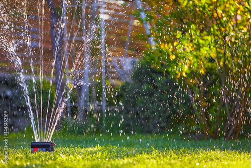 Obraz na płótnie Sprinkler watering the green lawn in the home garden in the morning. Shallow depth of field. Landscaping and gardening. w salonie