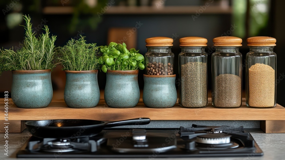 Organic Herbs and Spices in Glass Jars on Kitchen Shelf with Cooking Pan Below Organic Herbs and Spices in Glass Jars on Kitchen Shelf with Cooking Pan Below