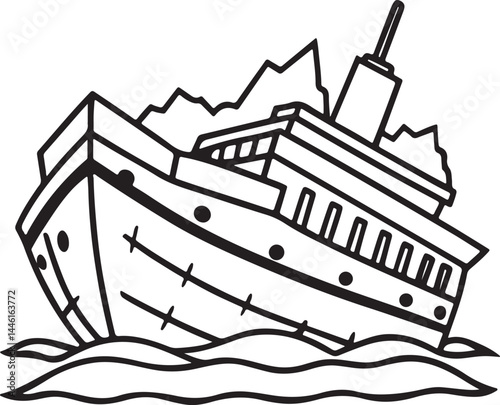 wrecked ship line art, black outline, vector and illustration, coloring book page line art drawing