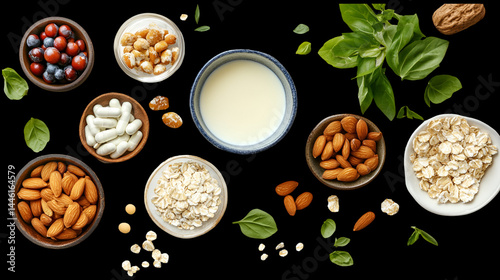 Overhead shot of bowls containing various healthy foods and ingredients on black background