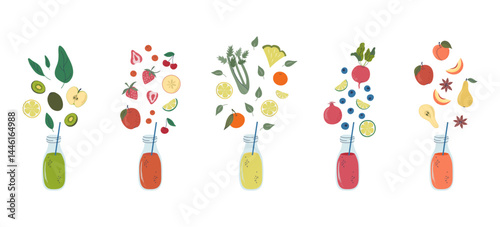 Set of glass bottles with colorful beverage, fruits, vegetable and berries. Tasty vitamin juice or smoothie recipes. Healthy drink. Hand drawn flat design vector illustration.

