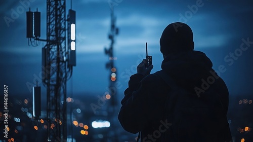 Technician at night on cell tower