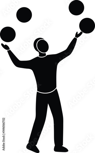 silhouette of a person juggling three balls on 
