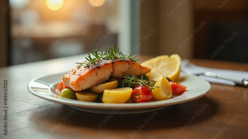 grilled salmon steak with vegetables