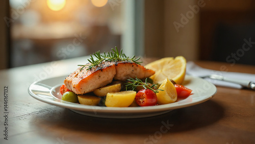 Obraz na płótnie grilled salmon steak with vegetables w salonie
