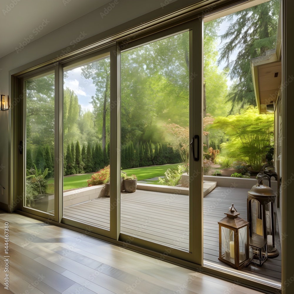 Obraz premium Create harmony using expansive sliding aluminum doors opening to flourishing garden retreat with elegant simplicity