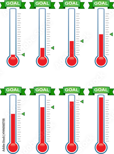vector set of thermometers on different temperature levels. no numbers. goal. bulb temperature measurement device isolated on white background
