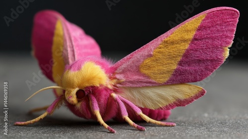 Pink and Gold Rosy Maple Moth Close-up Macro
