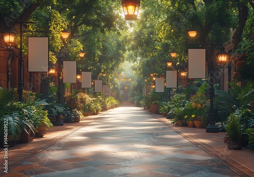 Serene Walkway Lined with Trees and Lanterns, Featuring Empty Signage and Vibrant Greenery, Bathed in Soft Sunlight for Landscape or Outdoor Branding Mockup

